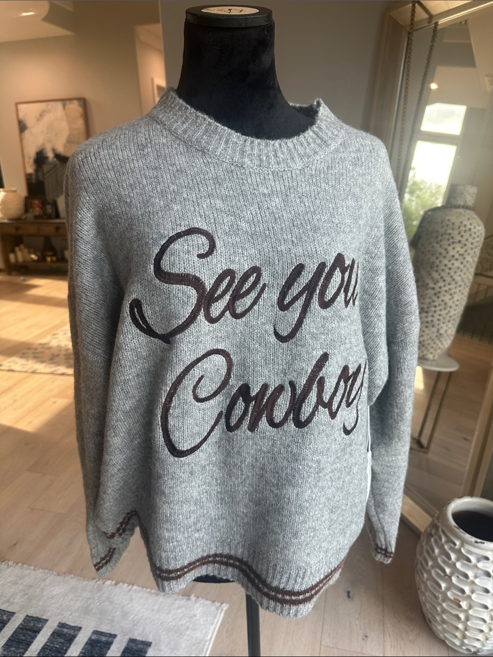 Grey Crewneck Knit Sweater with Script Front